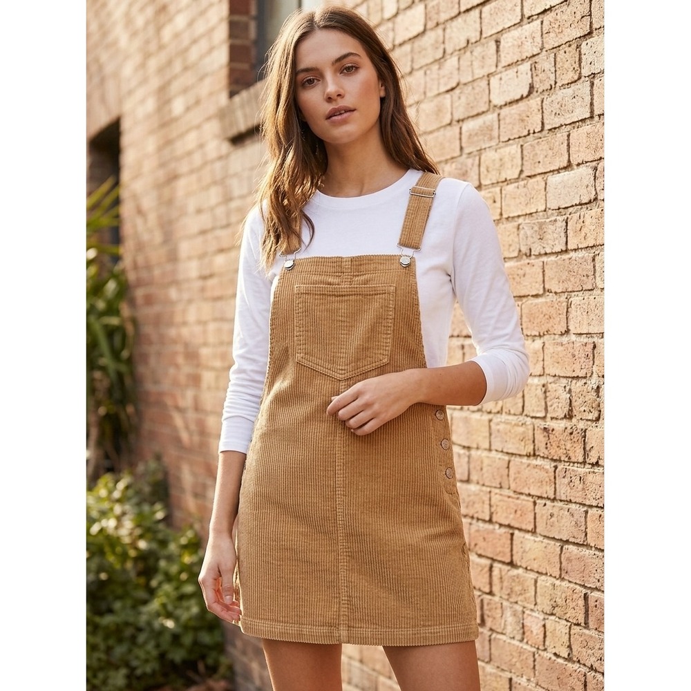 2Sable Womens Corduroy‎ Overall Pinafore Dress Tan Camel Cotton Mini Size M